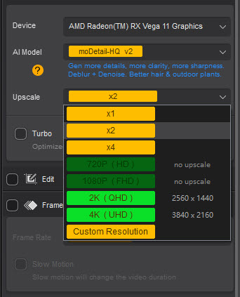 Aiarty Video Enhancer upscale options