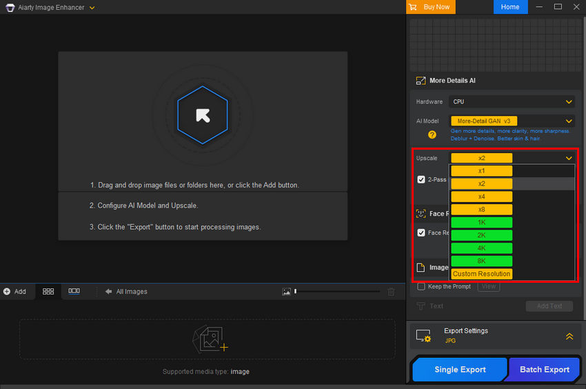 Aiarty Image Enhancer upscale options