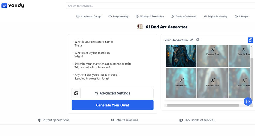 Vondy AI DnD Character Art Generator