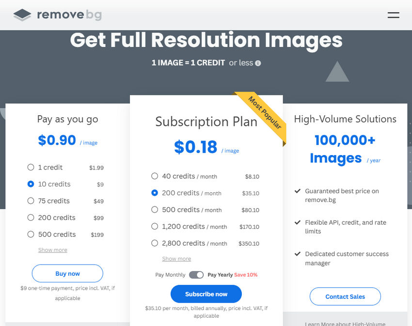 Remove.bg pricing plans